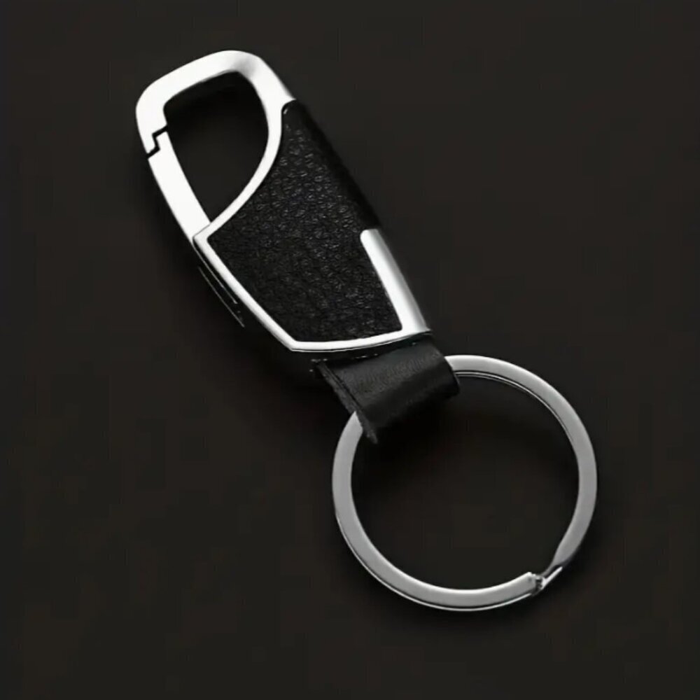 Carabiner Keychain PU Leather Pebble Black & Silver Metal Finish NWT